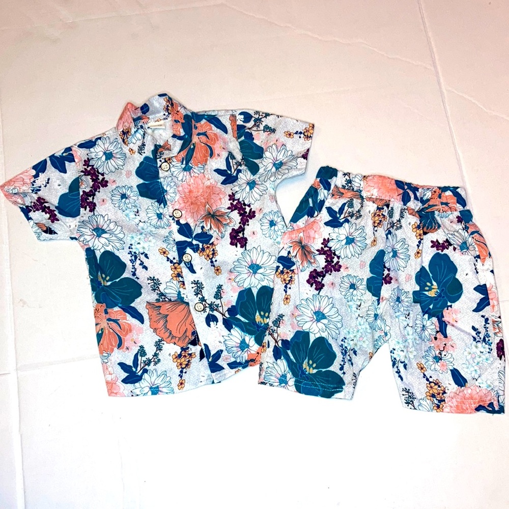 Button down 2 piece floral shorts set with pockets for boy